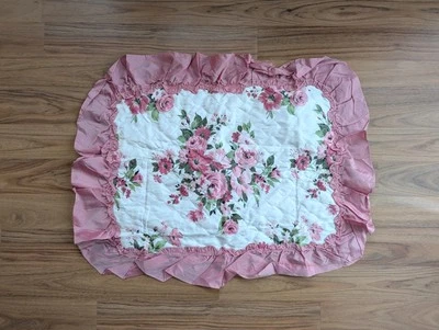 Vintage 1950s Pink Quilted Shabby Pillowcase Sham Ruffle Floral Acetate Taffeta - Image 1 of 4