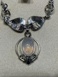 Vtg Sterling Necklace Crystal Moonstone Oval Leaf Accent 16”L 1.5”Pendent - Picture 1 of 9
