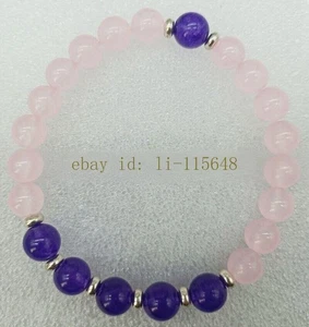 Delicate 8mm Pink&Purple Jade Round Gemstone Bead Elastic Bracelet 7.5" Gift - Picture 1 of 1