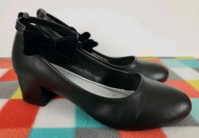 Sugar Girls Shoe Size 4 Black Faux Leather Pumps Heels w/ Bow Detail Ankle Strap - Image 1 of 4