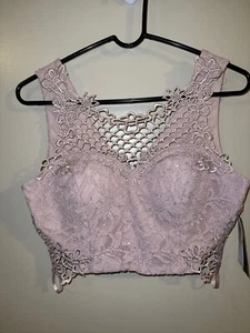 NWT Pink Shimmer Lace Bralet Crop Top Padded Zip Back Size 13 Romantic Fairycore - Picture 1 of 7