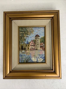 Vintage Framed Needlepoint European Houses & Lake Scene With Swans - Picture 1 of 24