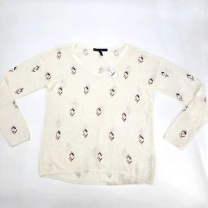 White House Black Market Cream V Neck Sweater with Embellished Pattern Size M - Picture 1 of 3