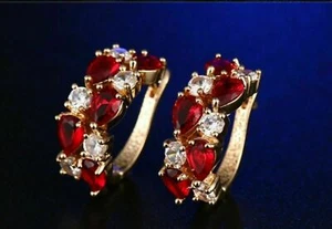 2ct Ruby Lab Created Diamond Hoop Dangle Earrings Women's 14K Rose Gold Finish - Picture 1 of 3