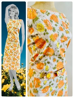 Vestido de algodão rosa amarelo laranja década de 1960 lápis de mexer retrô mod - Imagem 1 de 4