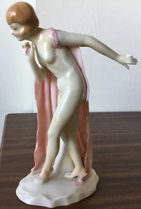 Antique 'KARL ENS' GERMANY ART DECO H/P NUDE FEMALE W/PINK CAPE FIGURINE - Picture 1 of 12