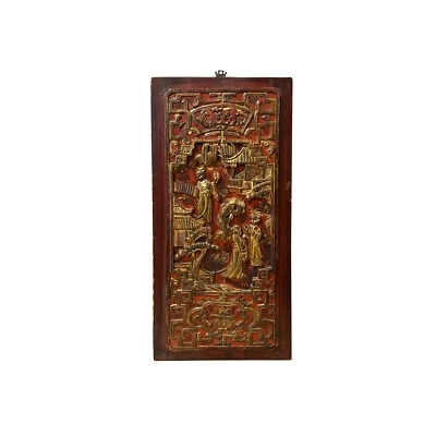 Chinese Vintage Wood Red Golden Relief Carving Wall Hanging Art Plaque ws4180 - Image 1 of 4