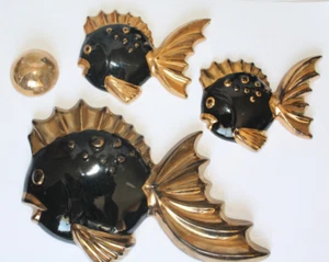 4 Stk. 50er Jahre MCM Japan Schwarz & Gold Keramik Wandhalterung Fisch & Blase Set - Bild 1 von 6