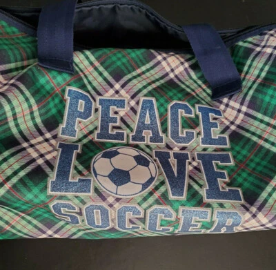 Justice Plaid Soccer Duffel Peace Love Soccer Green Blue Plaid Duffle EUC  - Image 1 of 4