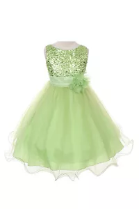 Flower Girl Dress Sequin Double Mesh Special Occasion Dress Lime Green - Picture 1 of 7