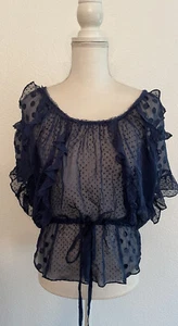 Women’s Rebecca Taylor Navy Dot/Ruffle Silk Sheer Peplum Blouse Top Size 2 or 4? - Picture 1 of 5