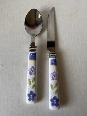 Gibson Housewares Bella - Flores azules/púrpura de acero inoxidable - 4 cucharas soperas - 7 3/8" Foto 1 de 4