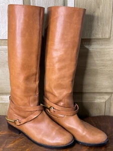 Ralph Lauren Jenny Women Size 8.5B Tan Leather Gold Hardware Riding Tall Boot - Picture 1 of 9