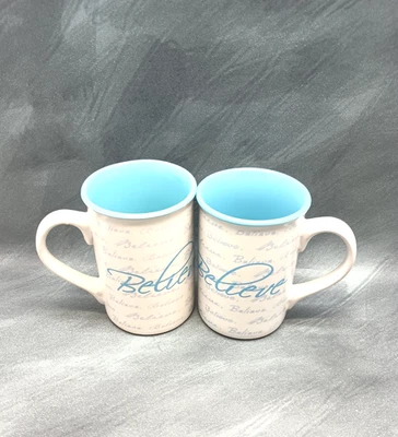 2-Believe Coffee Mugs – Blue & White Inspirational Christian Ceramic Mugs - Image 1 of 4