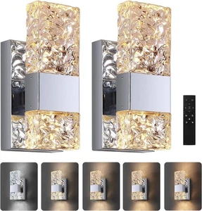 Set of 2 Modern Crystal Chrome Wall Sconces, Dimmable, Hardwired with Remote - Picture 1 of 11