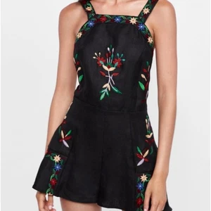 ZARA Women Black Multi Romper Floral Linen Embroidered Back Zip Size Large L - Picture 1 of 9