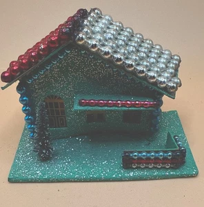 Vintage Weihnachten Japan Putz Pappe Glitzer Haus Merkur Glasperlen Dach - Bild 1 von 6