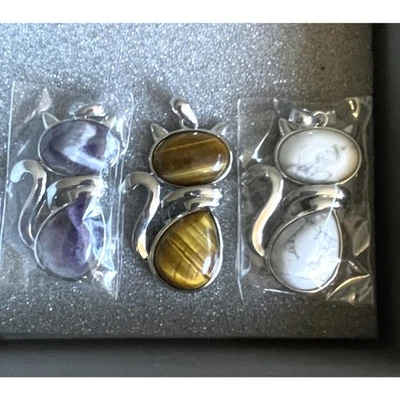 HSN 3 Nuevos Colgantes Gato Púrpura Marrón y Blanco Plata Esterlina Collar Dijes Foto 1 de 3