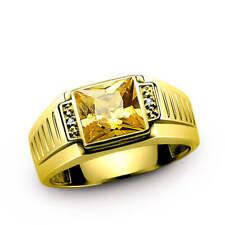 Men's 10K Gold Ring with Natural Diamonds and Citrine, Yellow Gemstone Ring for