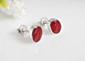 Koralle Ohrstecker Silber 925 Ohrringe Oval rot echt Sterlingsilber kl276 - Bild 1 von 3