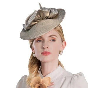 Gray Women's Straw Fascinator Hat with Feather Derby,Cocktail,Tea Party Formal - Picture 1 of 7