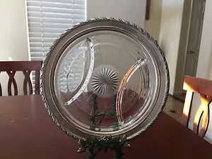 ANTIQUE WALLACE STERLING SILVER ABP ENGRAVED GLASS DIVIDED TRAY DISH 10 3/4" - Picture 1 of 12