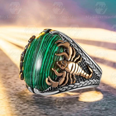 925 Sterling Silver Malachite Stone Scorpion Figure Men's Ring - Image 1 of 4