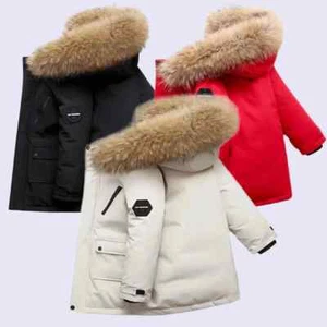 Down Cotton Jacket Boys Winter Thickened Large Fur Collar Coat Kids Warm Hooded - Picture 1 of 22