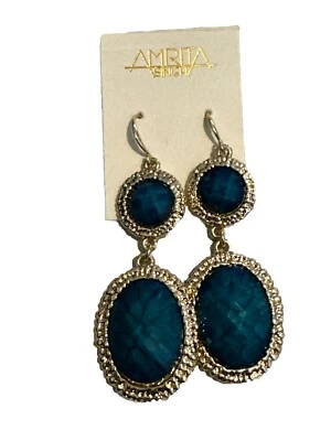 DROP DANGLE EARRINGS BY AMRITA SINGH GOLD TONE LONG BLUE 0697 R - Image 1 of 4