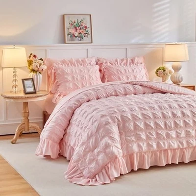  Juego de edredón Seersucker a cuadros con flecos con volantes tamaño, 3 rubor doble rosa Foto 1 de 4