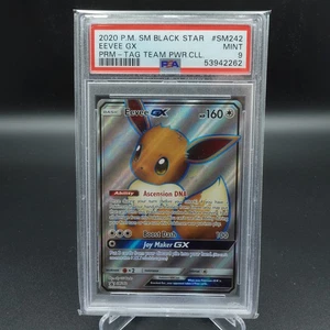 PSA 9 TARJETA POKEMON COMO NUEVA 2020 TAG TEAM BLACK STAR PROMO EEVEE GX ARTE COMPLETO SM242 - Imagen 1 de 2