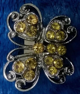 NEW Pewter / Dark Silver Butterfly brooch heart wings Gold/ Amber faux crystals - Picture 1 of 2