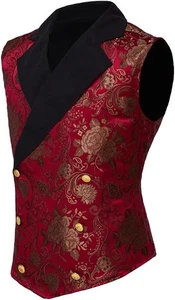 Red And Gold Brocade Waistcoat With Shawl Collar And Vintage Gold Buttons - Picture 1 of 11