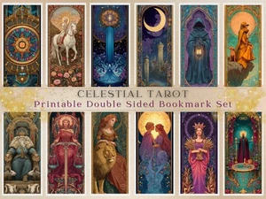 Tarot Card Bookmark Set Colorful Mystic Pagan Digital Download 12 Fronts + Back - Picture 1 of 7