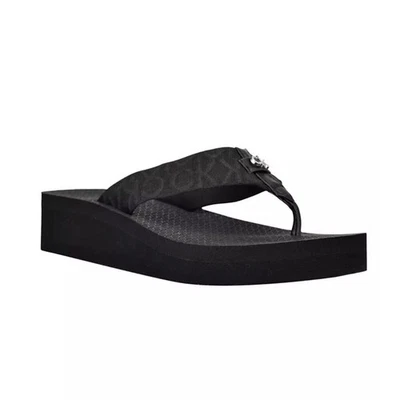 Calvin Klein Meena Black Fabric Logo Wedge Flip Flops NIB – Size 10M - Image 1 of 4