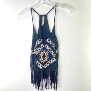Aevec Embroidered Aztec Fringed Racerback Tank Top 100% Rayon Small Black - Picture 1 of 7