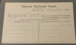 # K339 BARTON, VT. POSTAL, BARTON NATIONAL BANK - Imagen 1 de 2