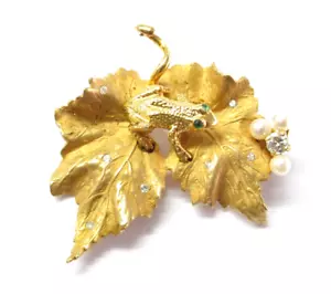 Vintage Leaf & Frog Diamond Pearl Brooch 14Kt Yellow Gold - Picture 1 of 4