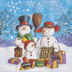 4 x Single Paper Napkins Decoupage Craft and Table Christmas Snowman Family 55 - Picture 1 of 2