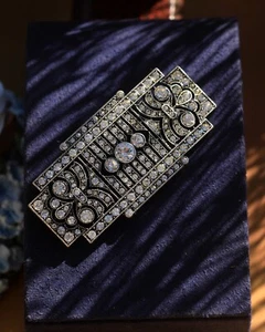 Broche Argenté Art Deco Floral Rectangle Strass Blanc Vintage Style QD11 - Imagen 1 de 8
