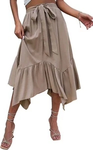 Women's Summer Casual Flowy Ruffled Handkerchief Hemline Midi Skirt - Picture 1 of 7