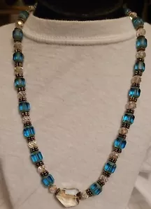 Artisan 19" Blue Square & Rondelle Faceted Crystal Necklace. Gold Tone Toggle. - Picture 1 of 19
