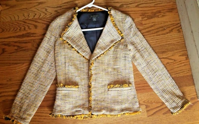 Ann Taylor Yellow Navy Blue Tweed Fringe Open Front Blazer Jacket Size 0 - Image 1 of 4