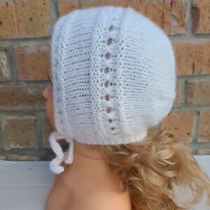Baby Girl Handmade Knit Bonnet Hat White Size 6-12 Months