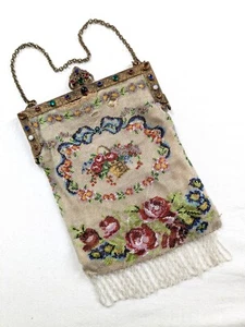 Antiguo Bolso Eduardiano Micro Cuentas Cartera Floral Marco/Cierre Forro de Seda con Joyas - Imagen 1 de 7