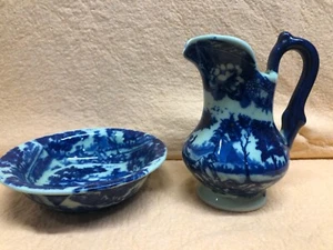 Ironstone Victoria Blue Pitcher  6 " high Wash Basin Bowl Vintage miniature - Picture 1 of 11