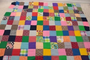 Vintage Quilt Top Polyester Squares Patchwork Bright Colors 60 x 78 Hand Pieced - Picture 1 of 10