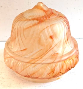 VINTAGE ART DECO 1930s LARGE MARBLED WHITE PINK GLASS CEILING LIGHT LAMP SHADE - Picture 1 of 8