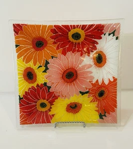 Bandeja cuadrada de vidrio artístico fundido Gerbera Daisy 2005 Peggy Karr? - Imagen 1 de 11