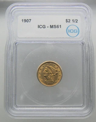 1907 年 2.5 美元自由女神头像 25 美分鹰 ICG 评级 MS61 — 第 1/2 张图片
